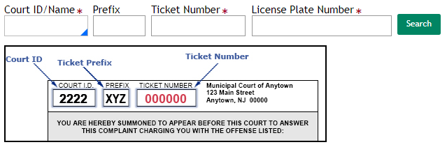 Enter ticket number, court ID, license number